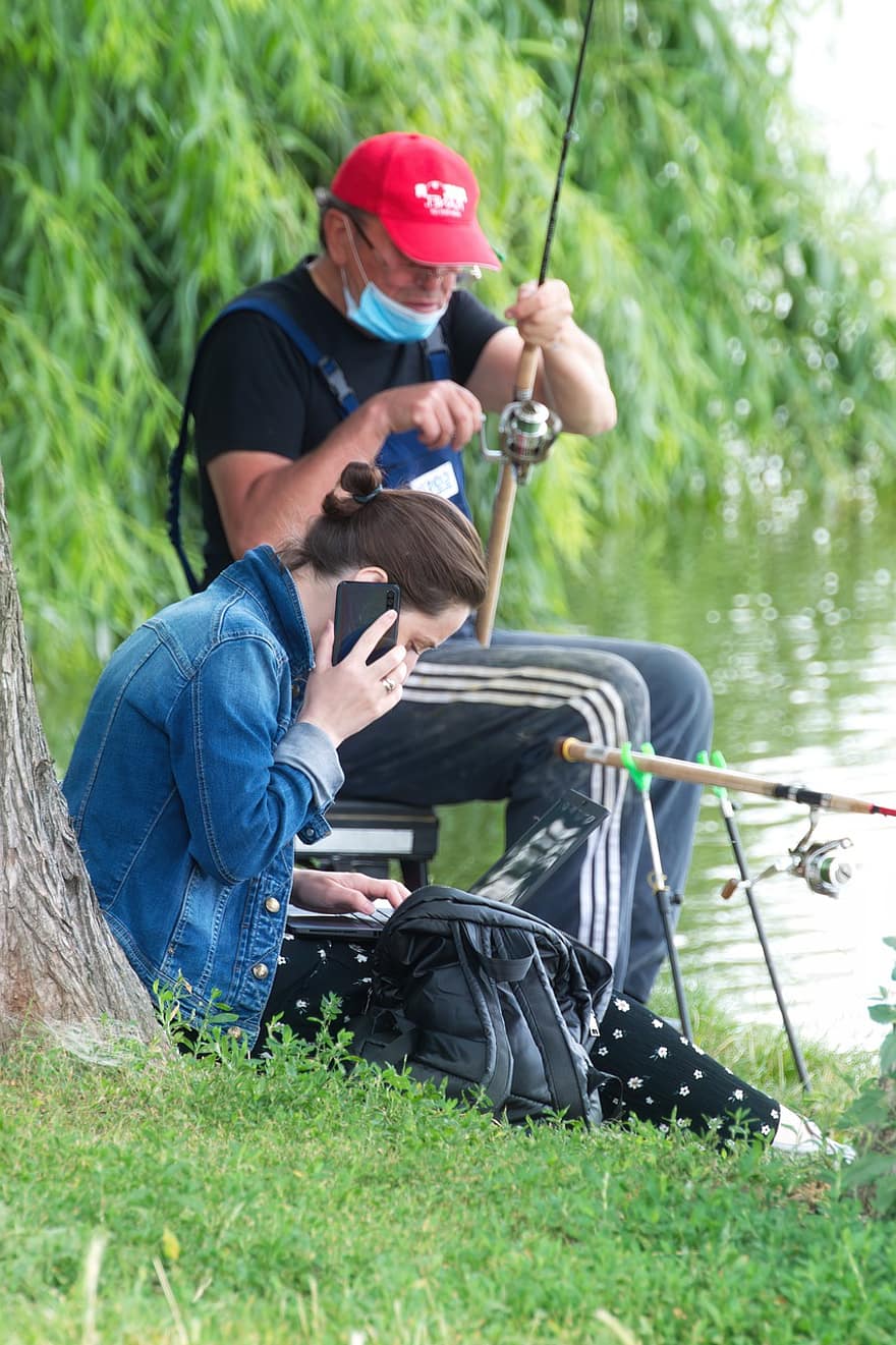 Fisherman, Rod, Fishing, People, Woman, Nature, Lake, Phone, Laptop, Bag, Relaxation