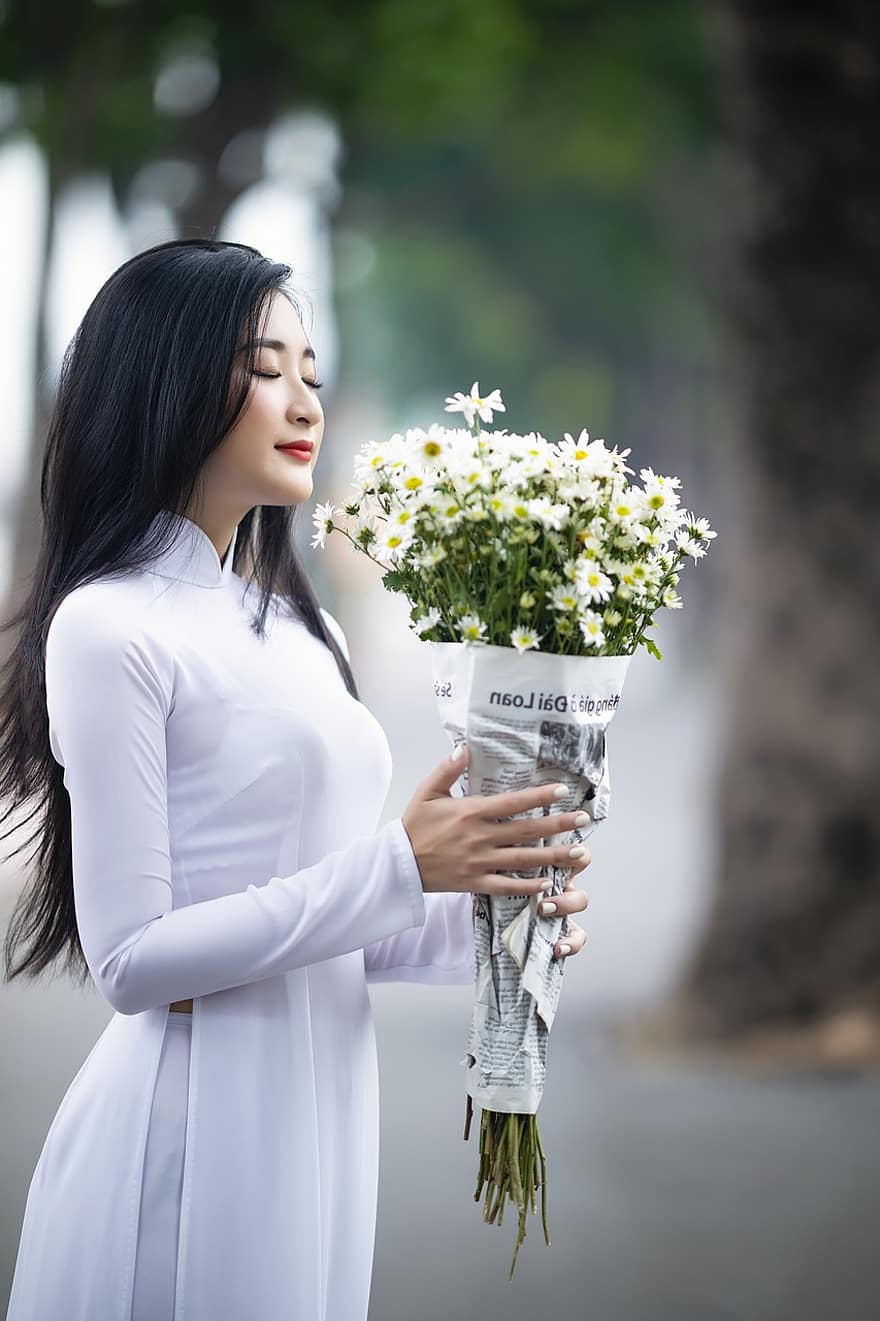 ao dai, moda, bouquet, dona, flors, margarida, vietnamita, Vestit nacional del Vietnam, Blanc Ao Dai, tradicional, bellesa