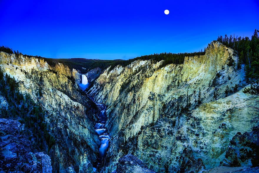 Natura, podróżować, badanie, na dworze, Yellowstone, kanion, wodospad, rzeka, klify, zachód księżyca, krajobraz
