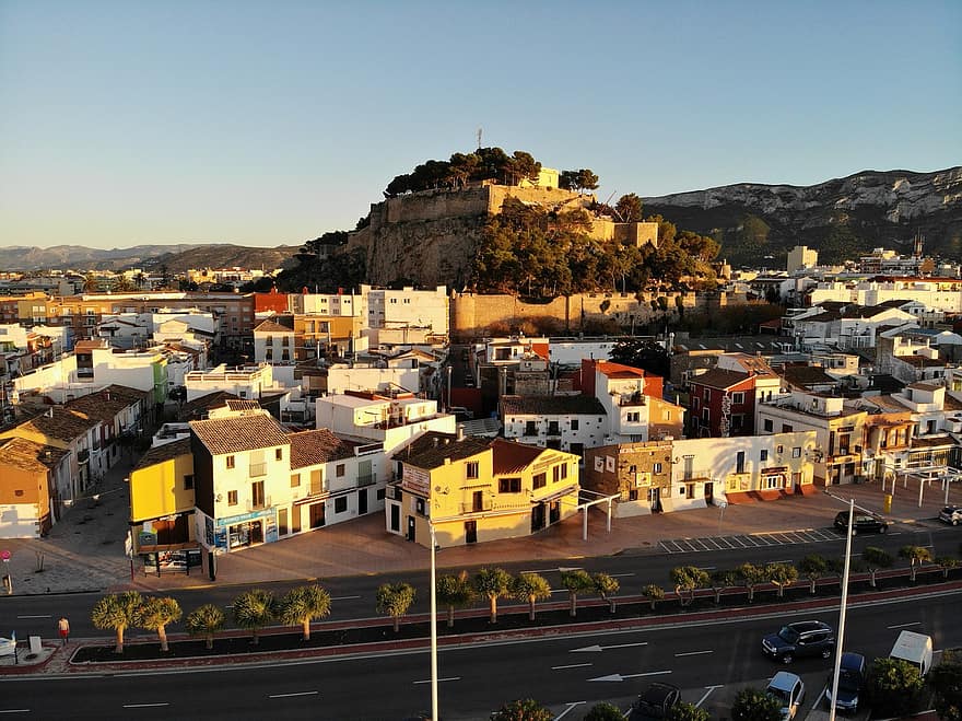 denia, kaupunki, auringonlasku, Espanja, Valencia, Välimeren, ranta, linna, Montgo Massif, Alicante, vuori