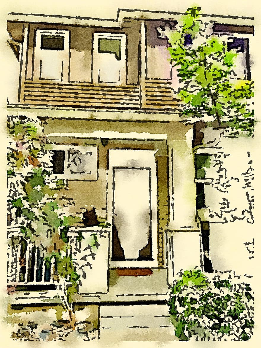 aquarel·la, dibuix, porta principal, casa
