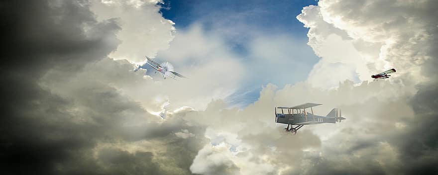 avió, cel, núvols, vol, aviació, viatjar, transport, fons, aventura, volant, vehicle aeri