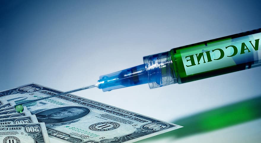 stříkačka, vakcína, náklady, corona, koronavirus, virus, covid-19, dolar, peníze, měna, rozpočet