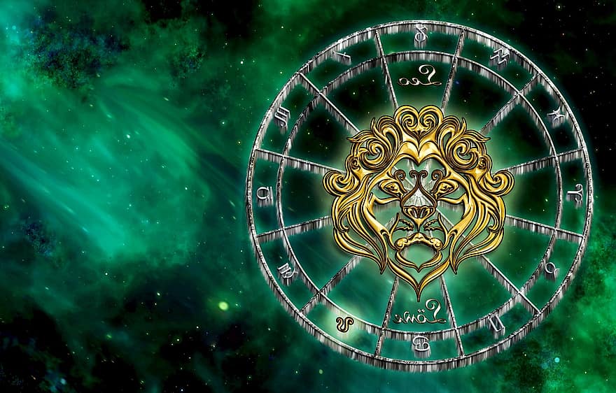 lejon, stjärntecken, horoskop, astrologi, symbol, zodiaken, ny tid, tolkning, grön, gul, guld-