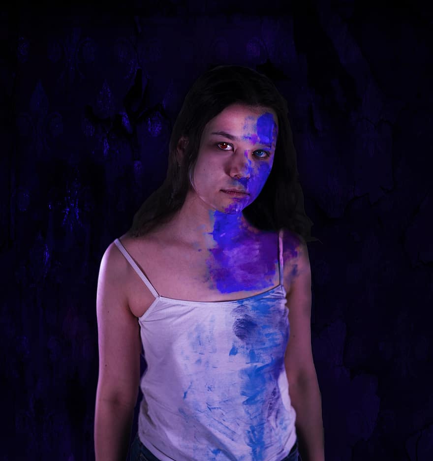 женщина, портрет, синяя краска, Холи