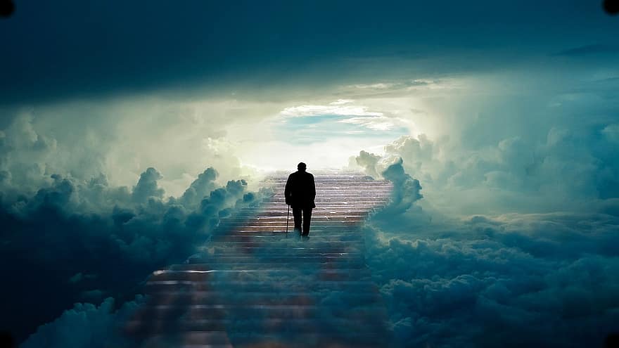 мъж, стълбище, рай, старец, стъпки, небе, облаци, мътен, вяра, вярване, хора