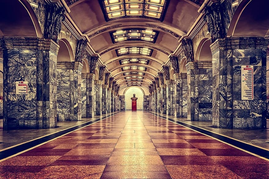 Jernbanestation, metro, Sankt Petersborg, Rusland, arkitektur, by-, togstation, station, hold op, undergrundsbane, platform