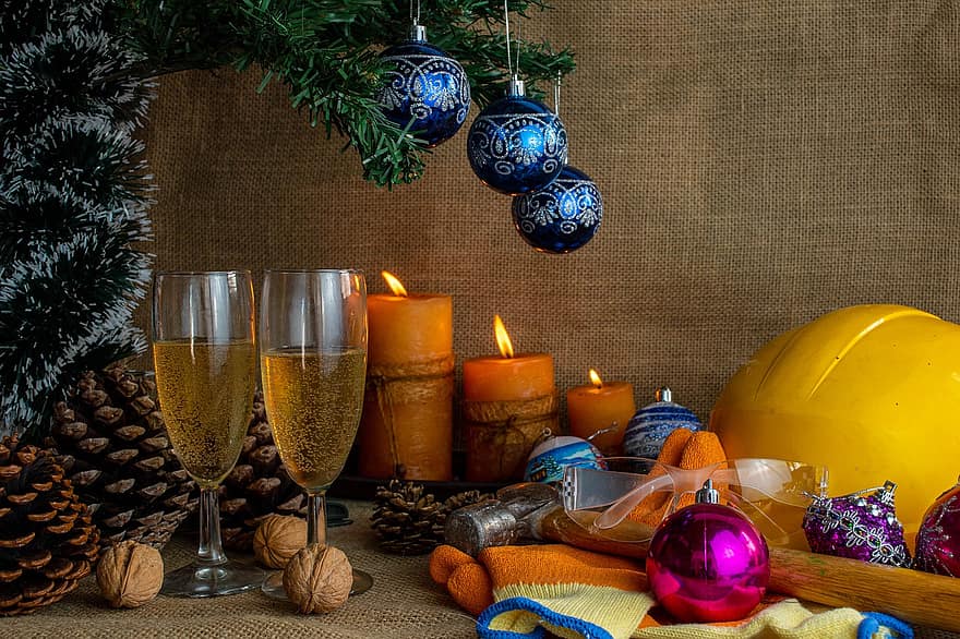 Christmas, Holiday, Season, Tree, Garlands, Candles, Balls, Helmet, Safety, Stethoscope, Hammer