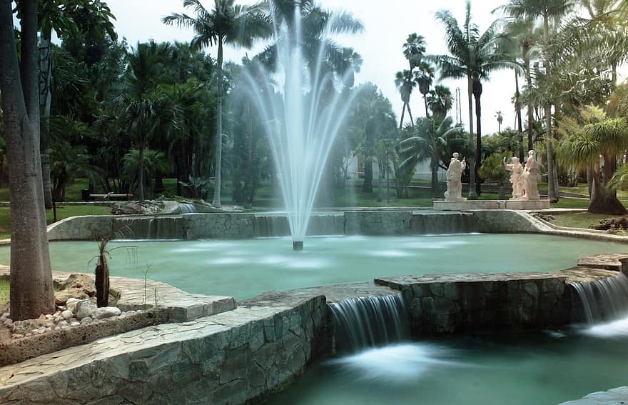фонтан, сад, пальмовые деревья, Декоративный фонтан, реактивный самолет, водопад, пруд, воды, Ботанический сад, парк, растительность