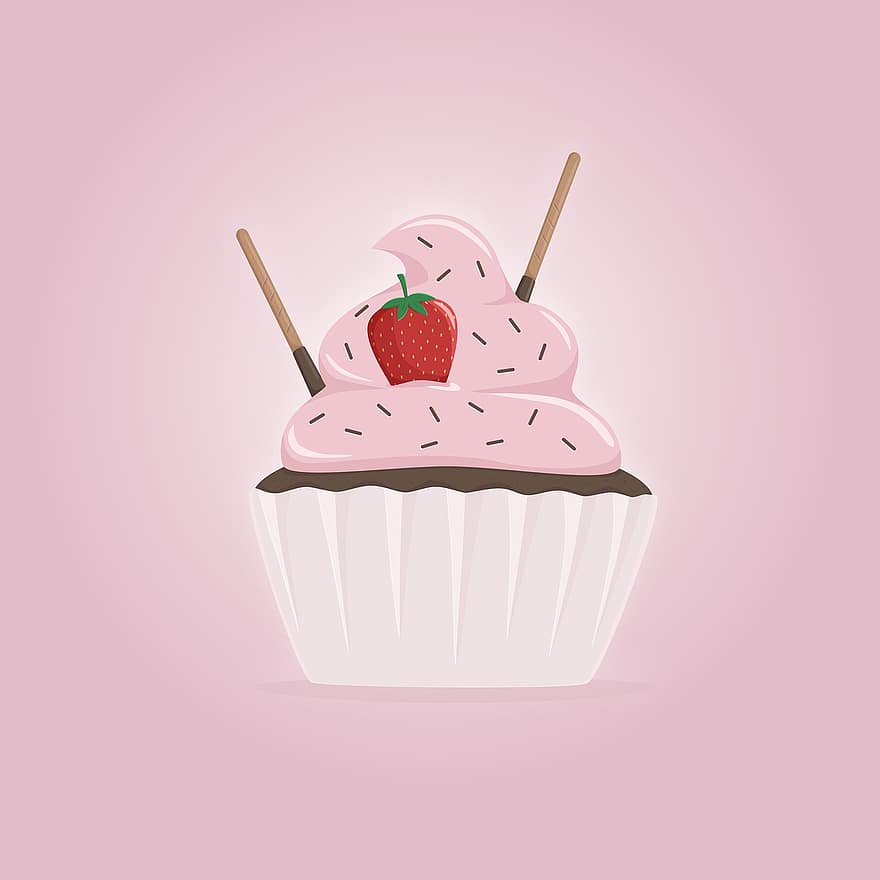 Strawberry Cupcake, Cupcake, Pastry, Dessert, Sweet, Muffin, Snack, Baked Goods, food, gourmet, illustration