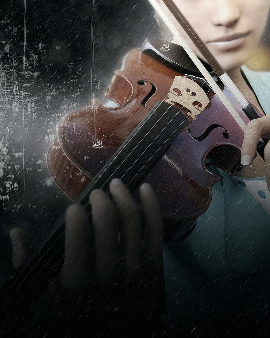 βιολί, βιολιστής, βροχή, όργανο, μουσικός, κλασσικός, κορίτσι, θηλυκός, ψυχαγωγία, γυναίκα