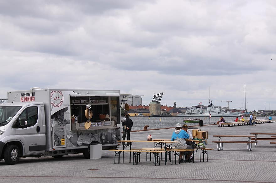 port, dig, cafea de cafea, Copenhaga, camion de alimente, transport, mijloc de transport, bărbați, călătorie, industrie, ocupaţie
