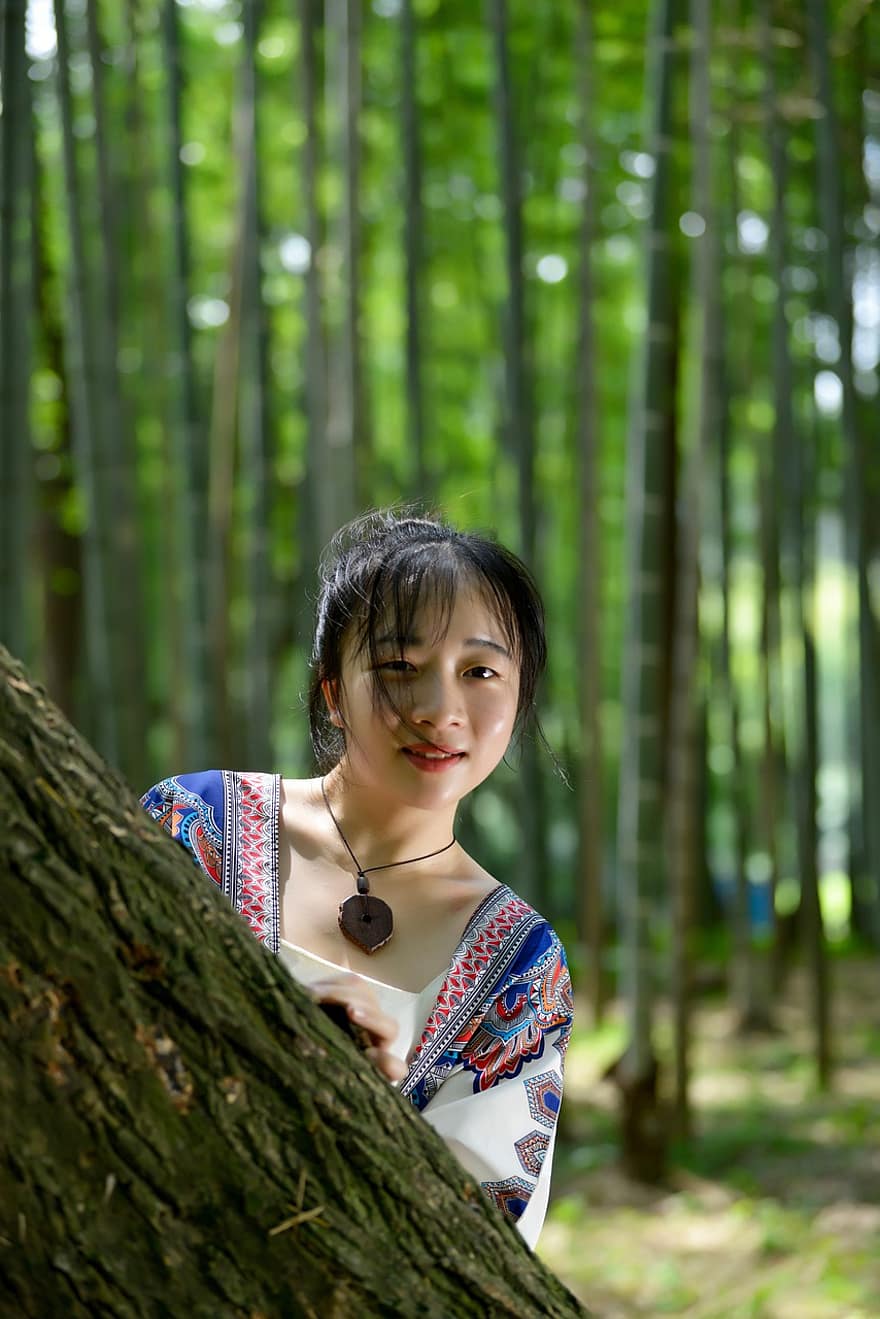 Fille Hakka, asiatique, fille asiatique, femme asiatique, modèle, mode, style, garde-robe, forêt, bambou, bambous