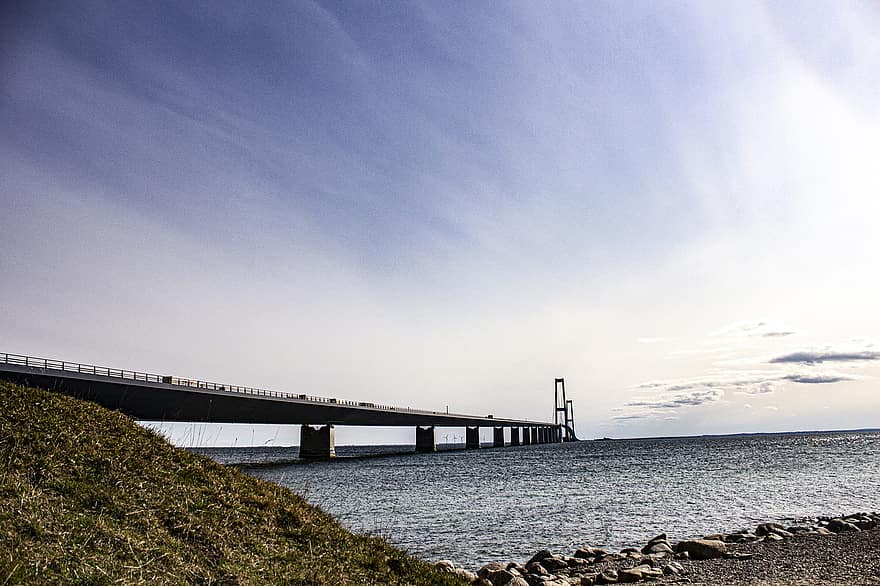 Danemark, pont, plage, mer, océan, odense, eau, littoral, bleu, paysage, architecture