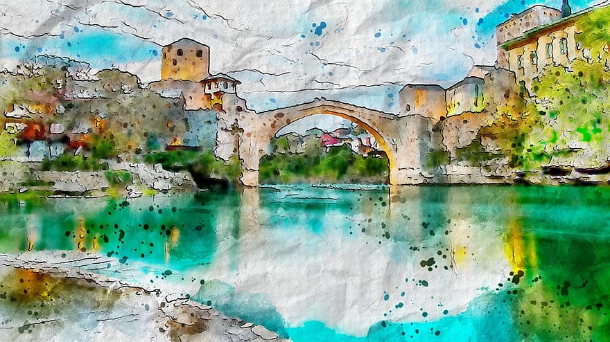 Old, Stone, Bridge, River, Structure, Digital, Art