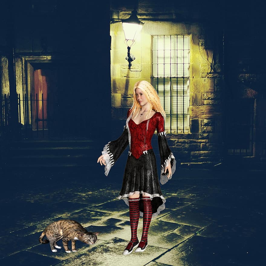 дівчина, гарний, з котом, загублений, темна вулиця, самотня, готичний, сюрреалістичний, смуток, нещасний, зображення