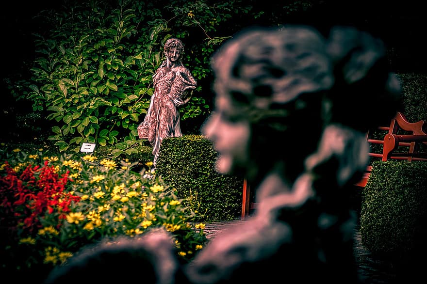 jardim, estátua, flor, escultura, mulher