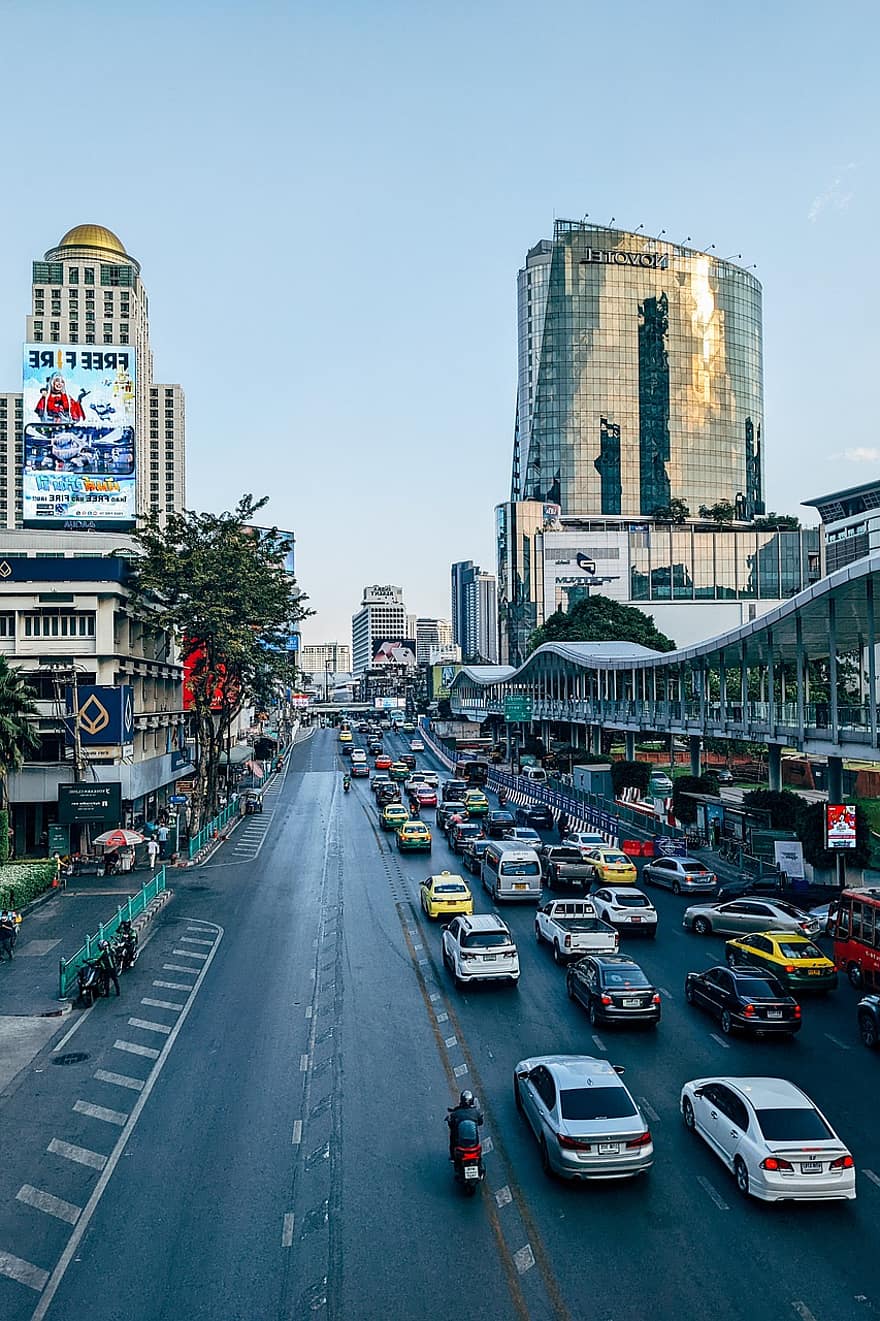 trafikkork, by, bangkok, trafikk, vei, rushtid, hovedstad, gate, hovedvei, bil, bybildet