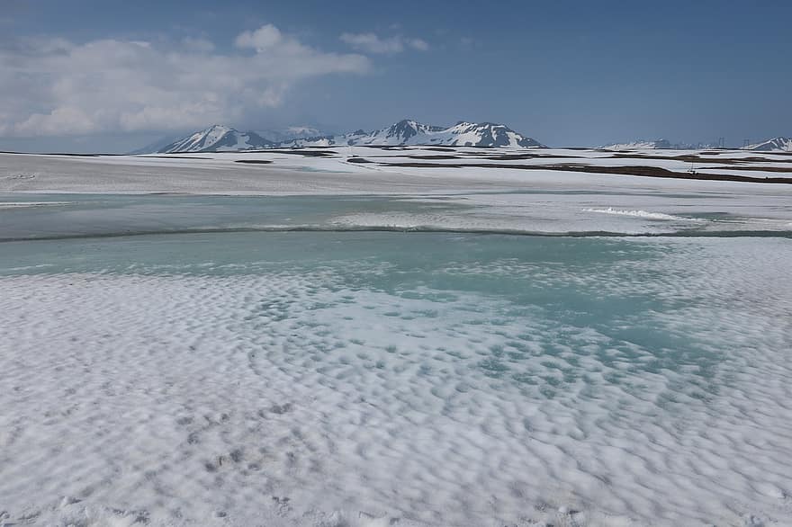 горное плато, весна, летом, зима, снег, плавление, лужи, поток, воды, открытый космос, Kamchatka