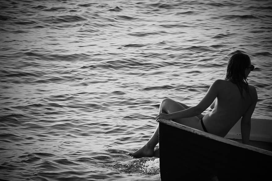 vrouw, boot, water, meisje, menselijk, zee, oceaan, zomer, schoonheid, model-, vakanties