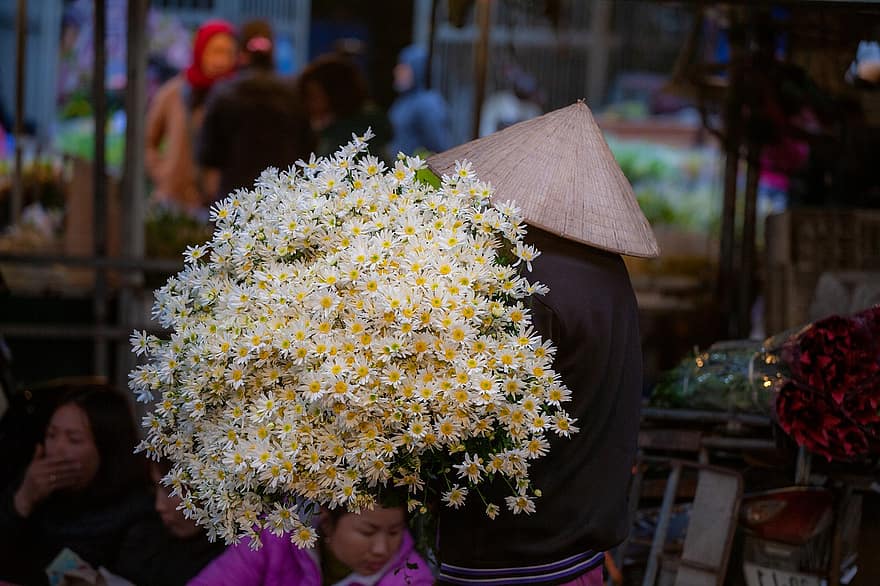 ziedu tirgus, ielu pārdevējs, Hanoja, ziedi, pilsētas dzīve, pušķi, iela