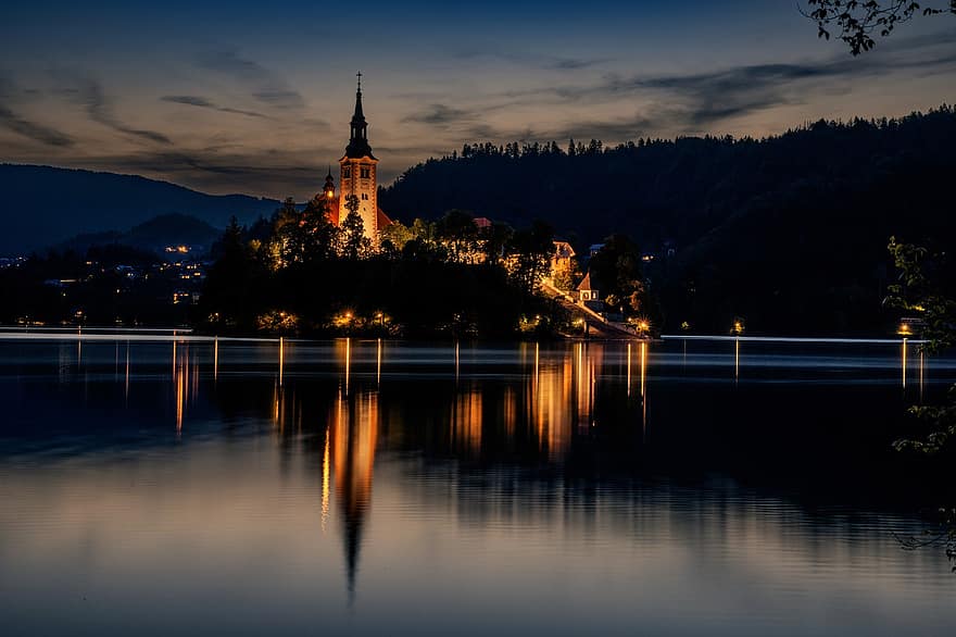 Szlovénia, tó, éjszaka, este, kivéreztetett, sziget, napnyugta, tájkép, hegyek, természet