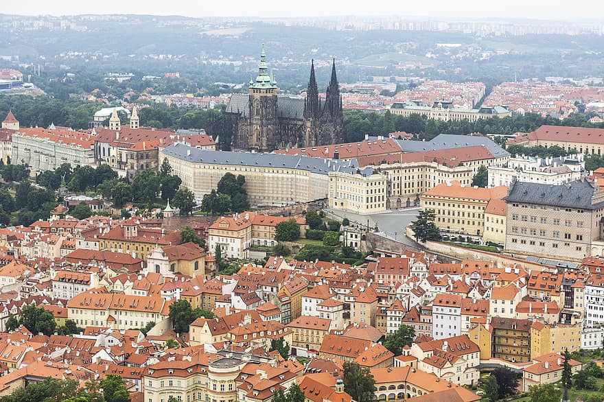 プラハ、シティ、パノラマ、建物、プラハ城、ランドマーク、歴史的な、有名な、旧市街、街並み