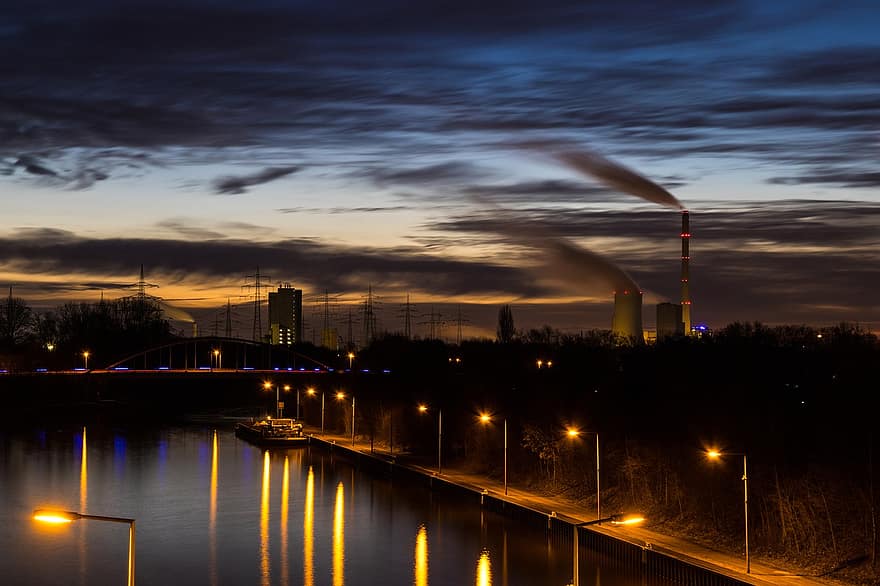 Canal Rin-Herne, herne, ciudad, canal, puesta de sol, noche, Cerradura Herne-ost, camino acuático, área del Ruhr, Ruta del Patrimonio Industrial, fumar