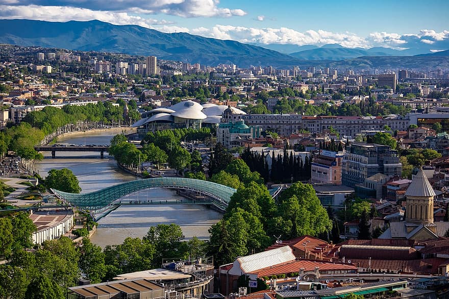 brug, kathedraal, stedelijk, stad, tbilisi, architectuur, reizen, Georgië, hoofdstad, stadsgezicht, panorama