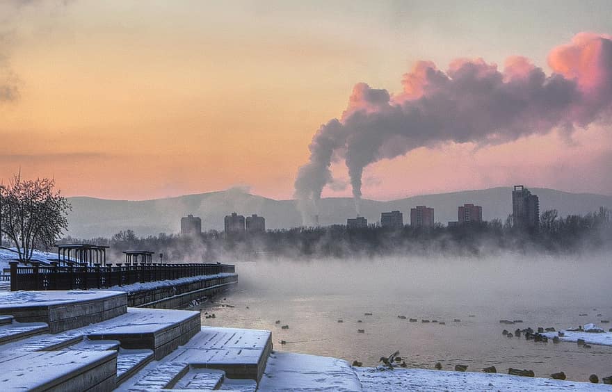 vinter, skyline, yenisei -floden, solnedgang, flod, aften, økologi, sne, Krasnoyarsk, sibirien, landskab
