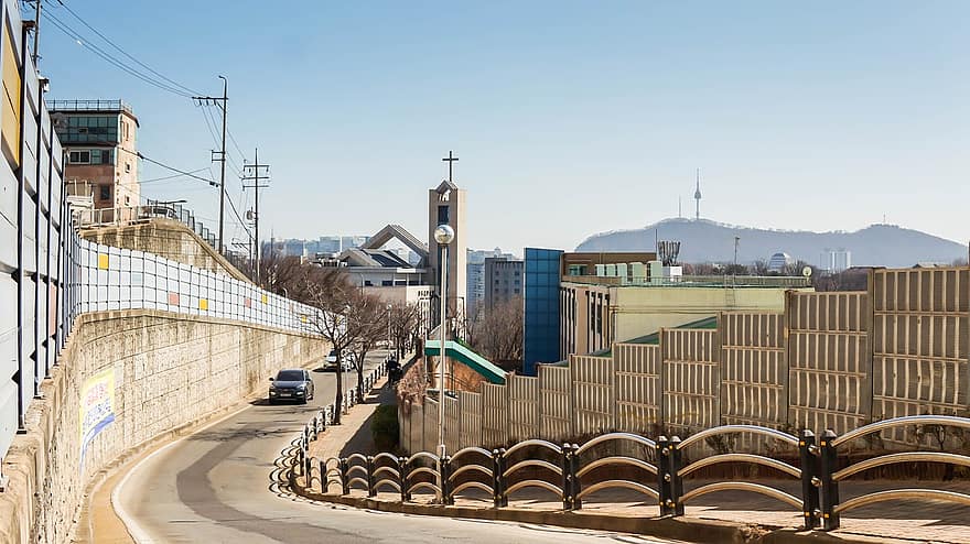 silnice, město, Korea, krajina, bytů, Seongbuk-dong, Pohled, Soul, příjezdová cesta, vchod, Protihlukové bariéry