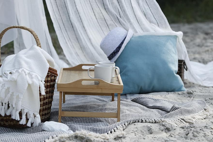 Picnic, Vacation, Cups, Tray, Pillow, Wicker Basket, indoors, bedroom, domestic room, bed, comfortable