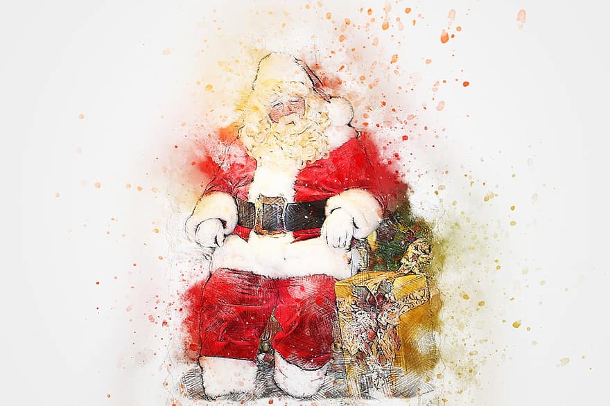 Christmas, Santa Claus, Gift, Art, Abstract, Watercolor, Vintage, Colorful, T-shirt, Artistic, Design