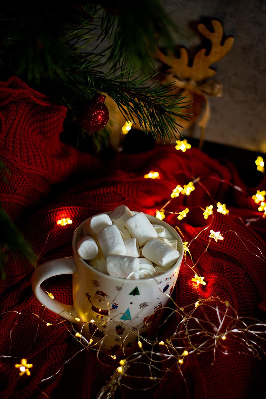 krus, Julelys, marshmallow, mat, drikke, rødt teppe, jul, julekule, stjerne, bauble, kopp