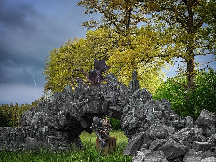 Background, Forest, Archway, Rocks, Creatures, Fantasy, Character, Digital Art, tree, men, autumn