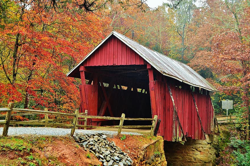 outono, floresta, ponte, natureza, panorama, EUA, madeira, cena rural, velho, árvore, arquitetura