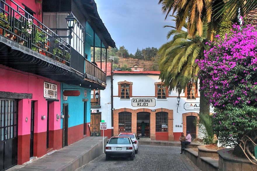 улица, залез, палми, Мичоакан, Мексико, архитектура, външна сграда, известното място, култури, пътуване, изградена конструкция