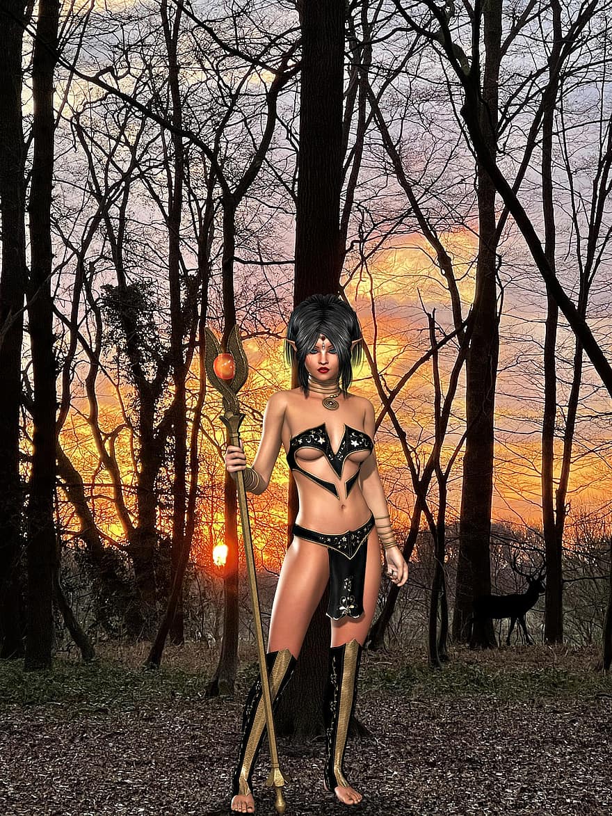 Background, Warrior, Sun, Woods, Fantasy, Woman, Female, Avatar, Character, Digital Art
