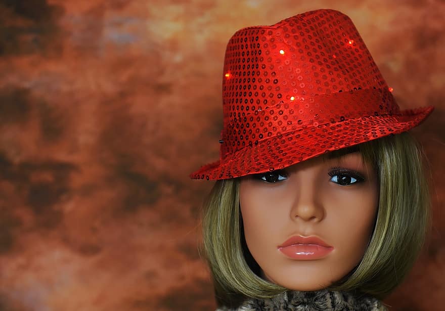 femeie, pălărie, roșu, LED, ușoară, paiete, față, carnaval, păpuşă