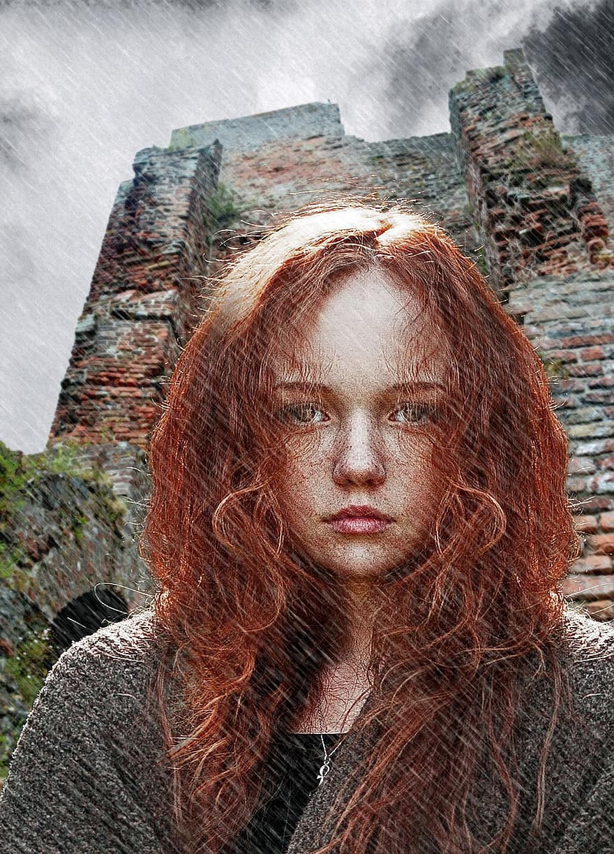 flicka, irländsk, porträtt, ansikte, rött hår, regn, ruin, medeltida, slott, en person, kvinnor