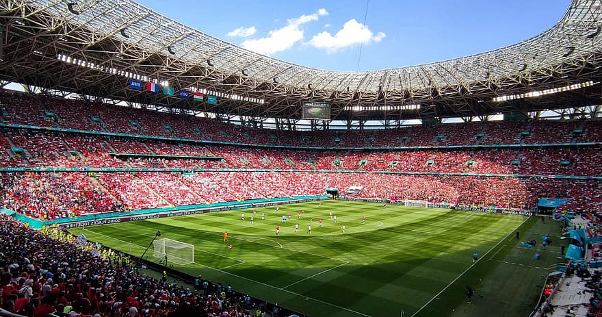 スタジアム、フットボール、ブダペスト、ウエファ、スポーツの、ハンガリー、ヨーロッパのサッカー協会、フィールド、群集、観客、一致