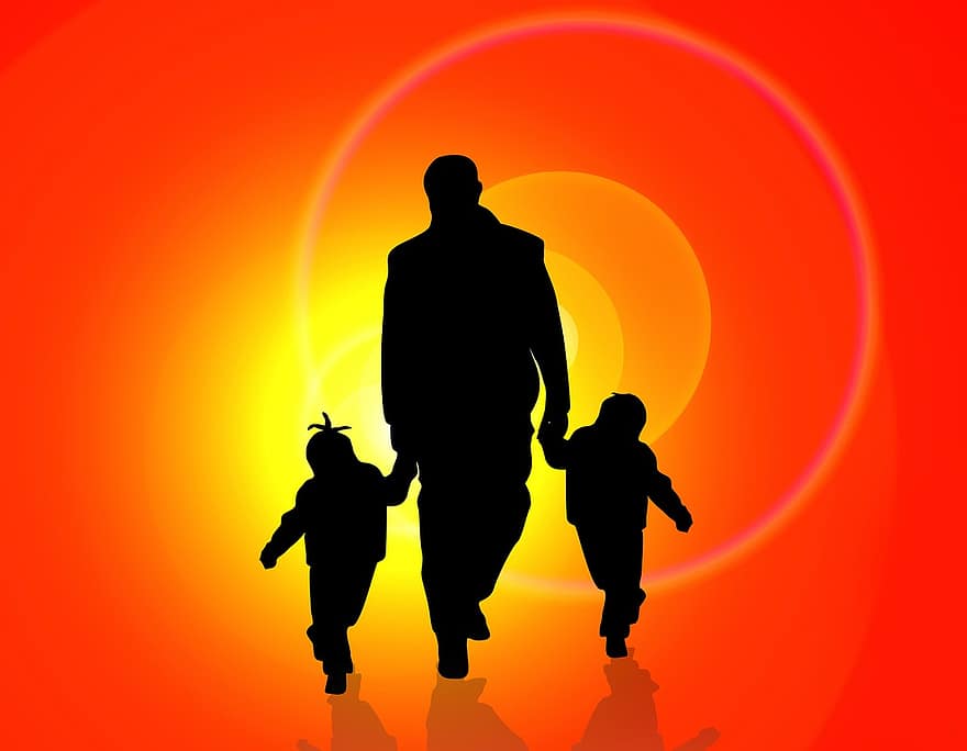 siluets, cilvēks, bērniem, viens vecāks, izglītību, tēvs, saule, sarkans, gaisma, iet