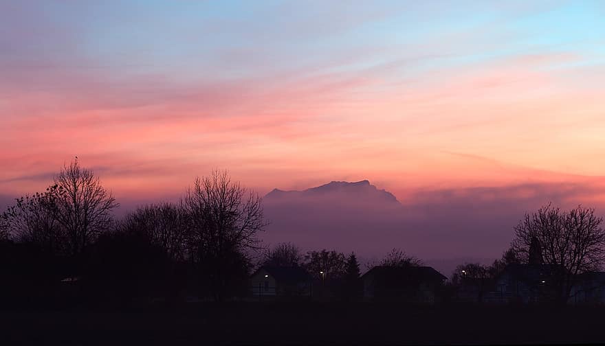 natura, nebbia, crepuscolo, tramonto, montagna, all'aperto, Gmunden, sfondo