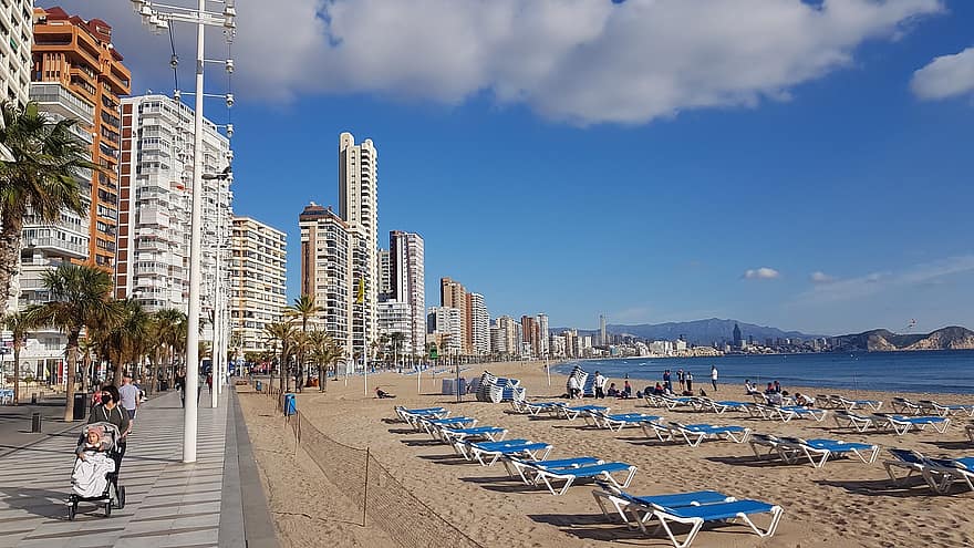 Benidorm, Spain, Alicante, Skyline, Sea, sand, summer, coastline, vacations, blue, tourism