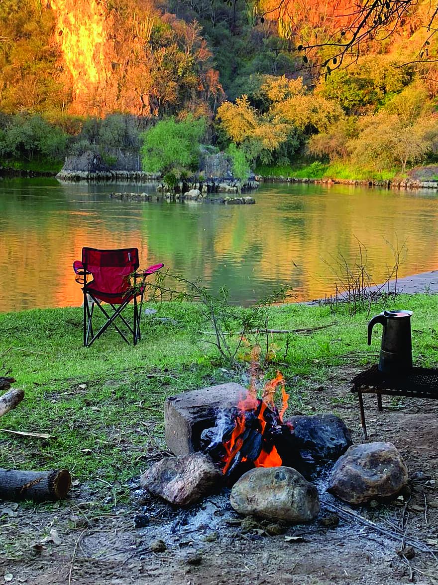 Camping, Campfire, Coffee, River, Hill, Hiking, Excursion, Mountain, Landscape, Walk, Lake