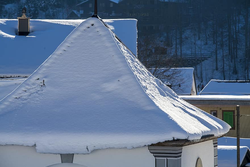 スイス、エンゲルベルク、冬、雪、氷、シーズン、霜、ルーフ、天気、雪が降る、建築