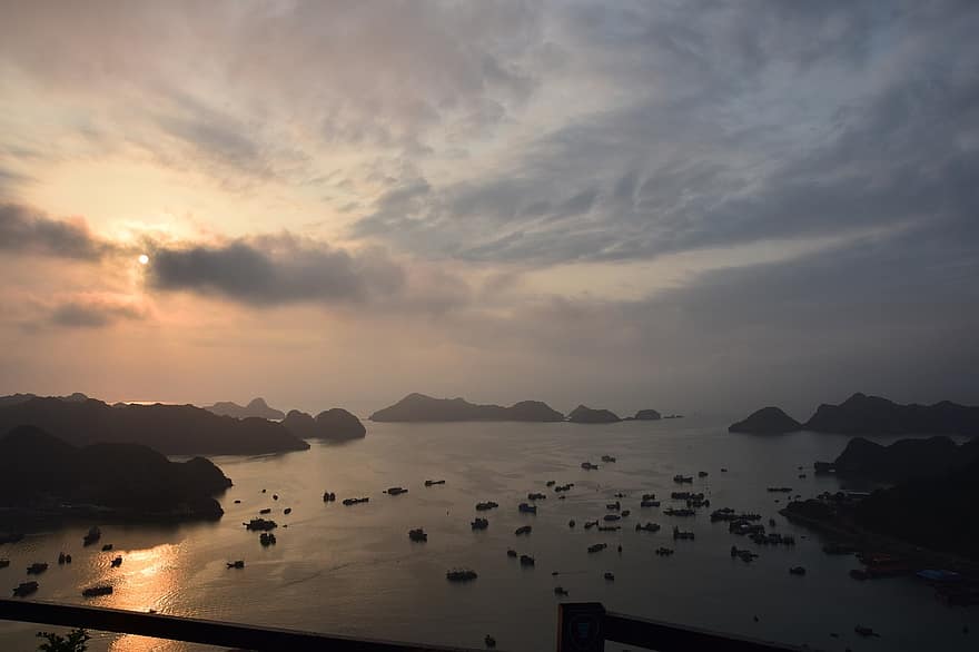 Vietnã, ha long bay, por do sol, leve, mar, viagem, costa, gato ba, local do património mundial da unesco, ilhas, vista do mar