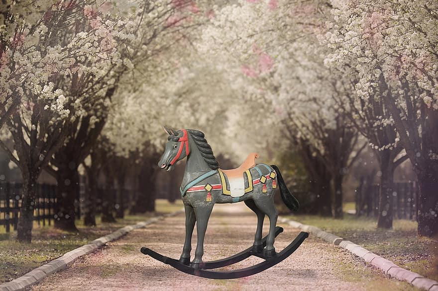 cavallo a dondolo, primavera, cavallo, giocattolo, sfondo digitale, giocoso, design, sfondo, giro, legna, albero
