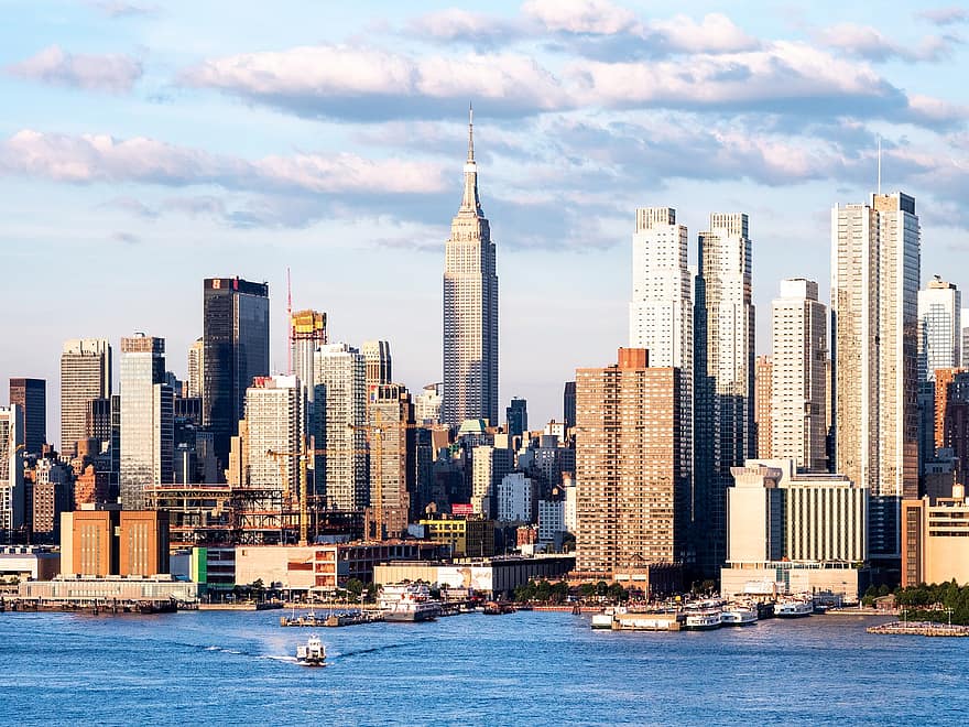 Νέα Υόρκη, πόλη, ποτάμι, Empire State Building, Μανχάταν, αστικό τοπίο, γραμμή ορίζοντα, πύργους, ουρανοξύστες, κτίρια, Χάντσο