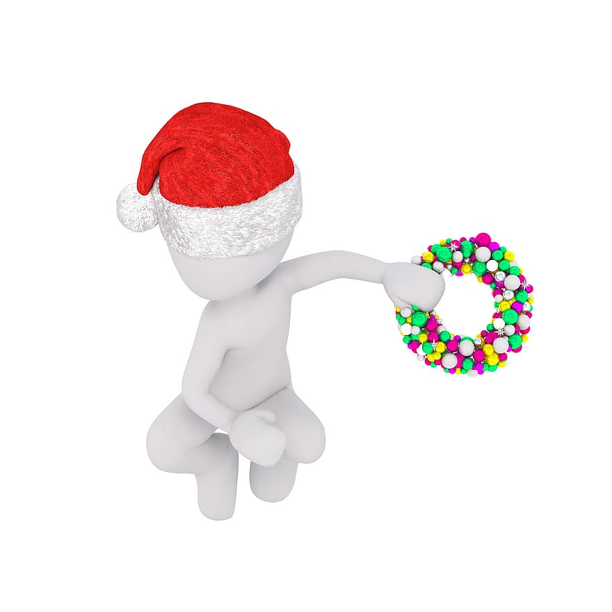 クリスマス、白人男性、全身、サンタの帽子、3Dモデル、図、孤立した、クリスマスリース、デコレーション、ボール、クリスマスボール